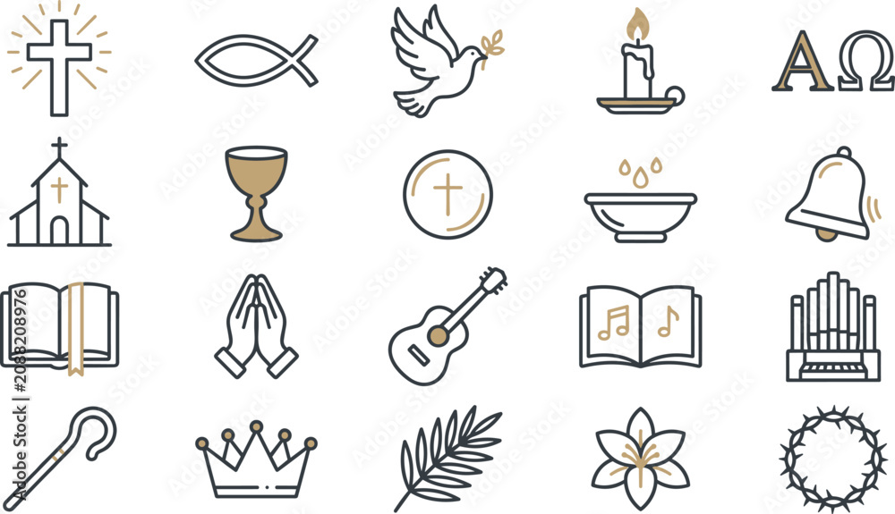Αυτοκόλλητο Christian religion and church worship vector icon set featuring cross, Bible, pr