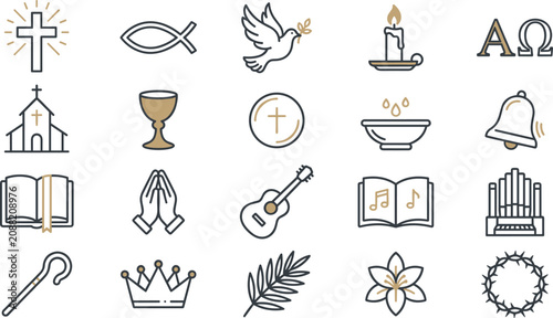Obraz na plátně Christian religion and church worship vector icon set featuring cross, Bible, pr