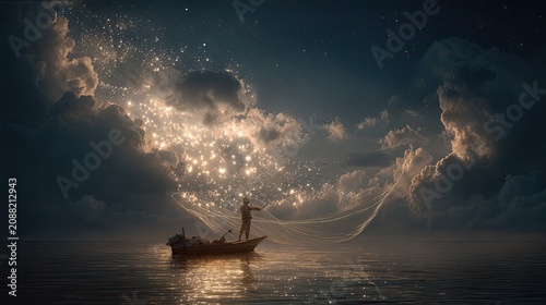 Silhouetted fisherman casts net into starry night sky