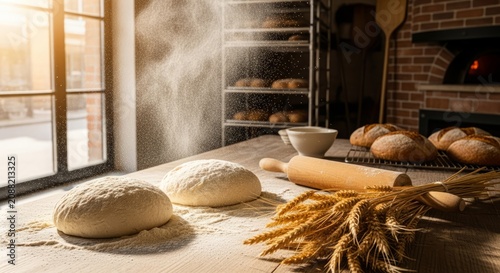 Flour Flying Through the Air During Artisan Bread Making in Rustic Bakery