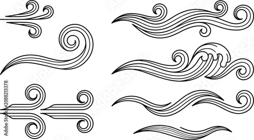 Foto Hand drawn wind gust and ocean wave element set with oriental swirl line art vec