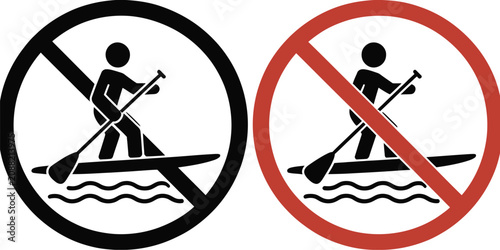 Schilderij op canvas Paddleboarding prohibited and allowed symbols featuring water safety signs, permission icons, restriction markers, recreational guidance, and navigation graphics