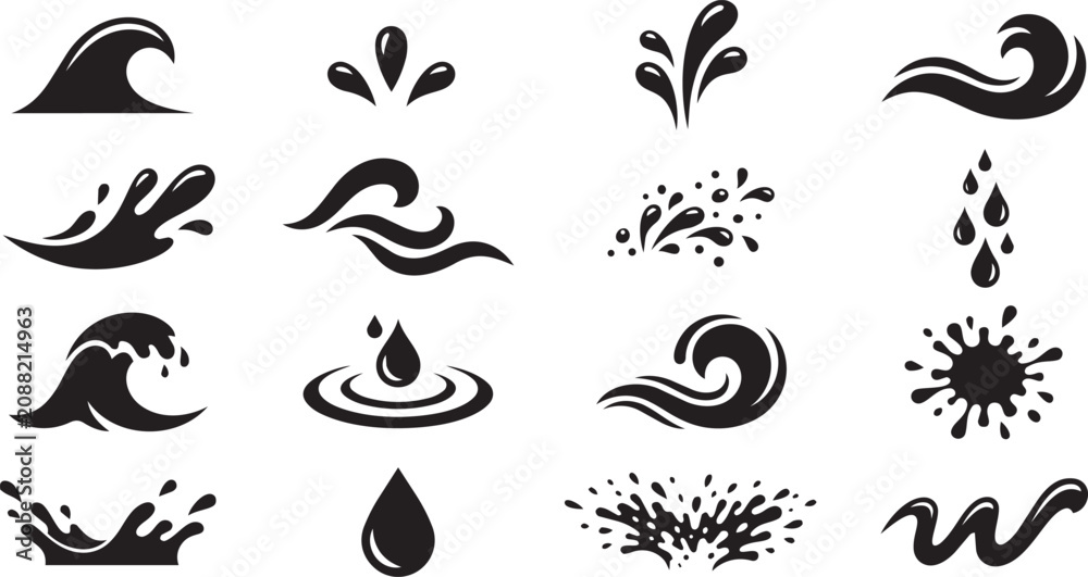 Naklejka premium Water wave splash and droplet black silhouette icon set
