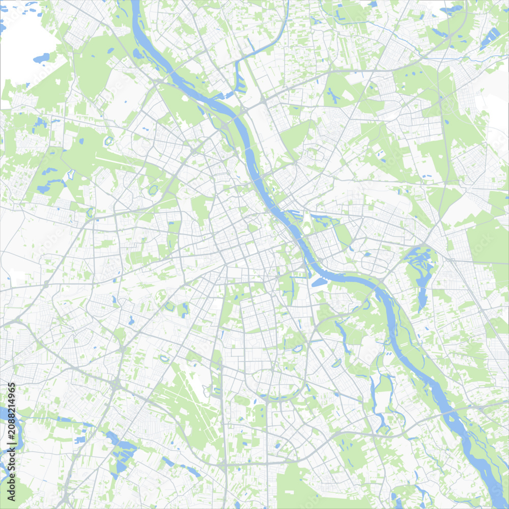 Fototapeta premium Minimal vector city map of Warsaw with streets, parks and Vistula River