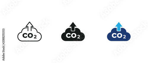 Photos CO2 emission icons, Carbon cloud symbols, Pollution arrow labels
