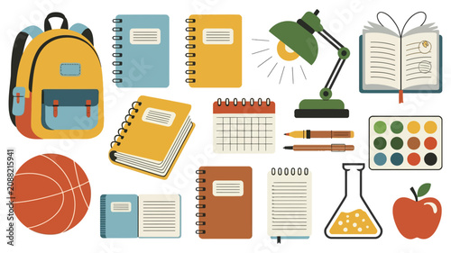 Obraz na plátně School stationery hand drawn illustrations featuring calendar, backpack, glue, books, ruler, pencil, pen, lamp, pencil case, eraser, ball, and paper clip