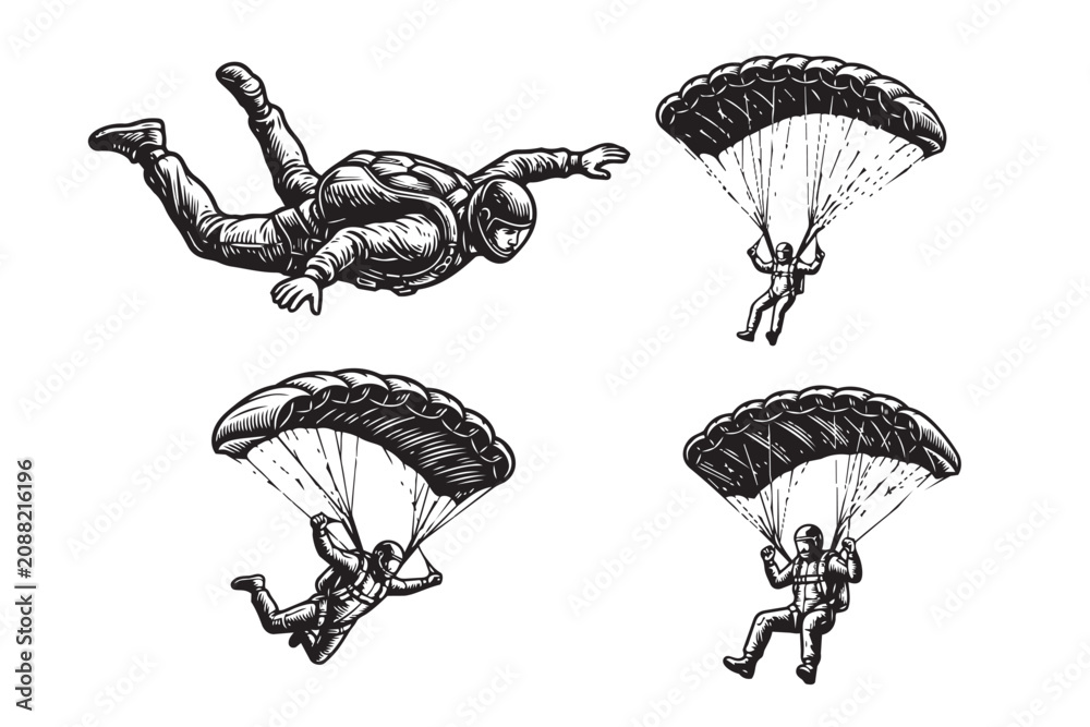 Obraz premium Collection of 4 black and white skydiver vector illustrations. Features freefalling and open parachute poses in a vintage engraving style.