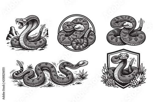Set of 5 black and white rattlesnake vector illustrations. Detailed vintage engraving style featuring coiled, striking, and slithering poses.