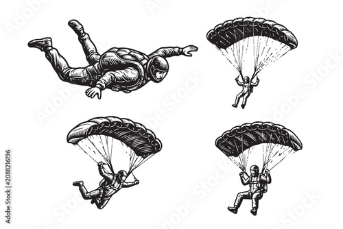 Collection of 4 black and white skydiver vector illustrations. Features freefalling and open parachute poses in a vintage engraving style.