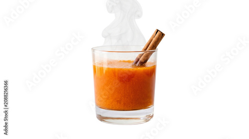 Steaming hot pumpkin spice latte in glass, warm autumn beverage with cinnamon sticks, cozy orange seasonal drink with rising steam isolated PNG with Transparent Background