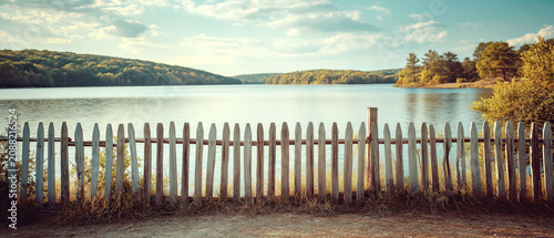 Rustic Picket Fence Overlooking Tranquil Lake Landscape