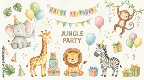 Photography Adorable Jungle Animal Birthday Celebration Illustration featuring Festive Ballo