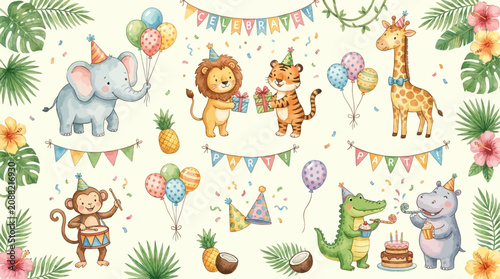 Photography Watercolor collection of twenty-four adorable safari animal illustrations and tropical jungle party elements for festive celebratory invitation design, nursery art, and festive decoration