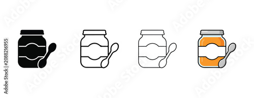 jars with spoons one black one empty one gray and one orange on white background