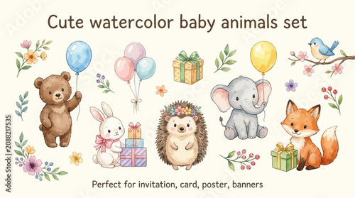 Schilderij op canvas Adorable collection of watercolor baby animals featuring a playful bear, fluffy bunny, prickly hedgehog, majestic elephant, clever fox, and sweet bird with a colorful toy ball clipart set