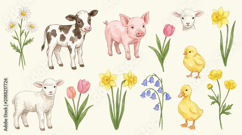 Charming watercolor illustration set featuring cute baby farm animals like calves and piglets adorned with delicate spring flowers and greenery for whimsical nursery decor and child branding.