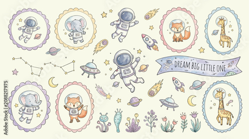 Tableau sur toile Whimsical Watercolor Collection of Twenty Cute Space Themed Nursery Elements Fea