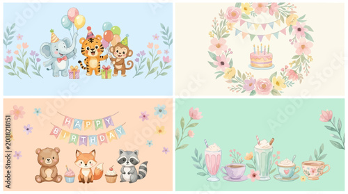 Tableau sur toile Charming Watercolor Bundle of Cute Baby Animals with Elegant Floral Wreaths and