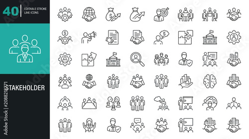 Foto Set of seventeen professional stakeholder business line icons featuring diverse