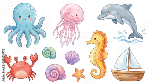 Watercolor Clipart Set of Vibrant Ocean Creature Featuring Cute Octopus and Jellyfish Illustration for Marine Themed Artistic Projects and Nautical Graphic Design Elements