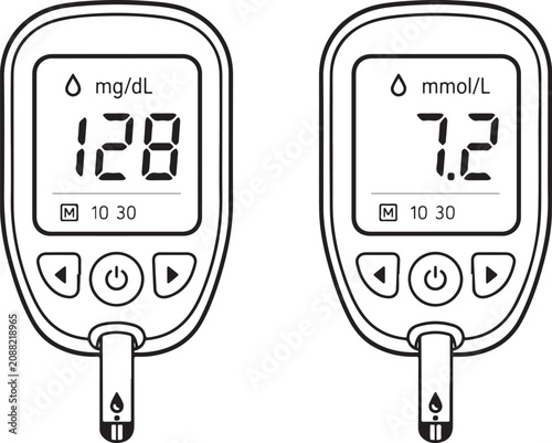 Two digital blood glucose meters showing different measurement units Vector