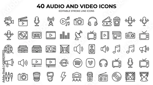 Cuadro en lienzo Comprehensive collection of multimedia audio and video interface icons featuring