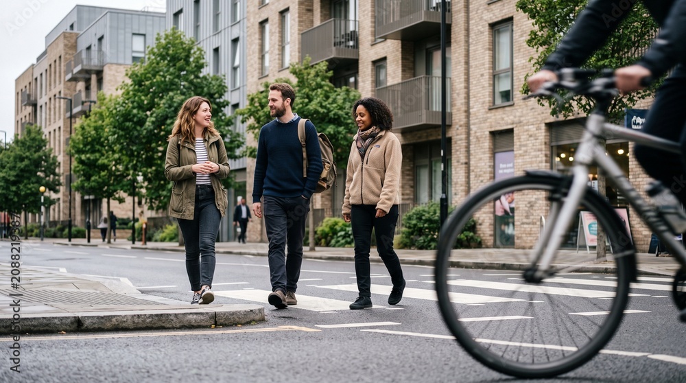 Fototapeta premium Three Friends Stepping Off Curb In Quiet Modern City Neighborhood