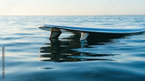 Cat in sunglasses surfs ocean wave concept. A surfboard floating on calm ocean water during sunset.