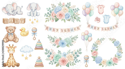 Konstfotografi Adorable Watercolor Baby Shower Clipart Collection featuring Pastel Nursery Elem