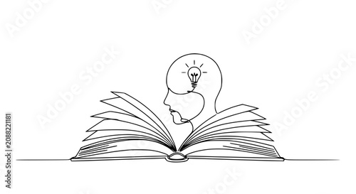 Open Book with Human Head Silhouette and Lightbulb Idea Symbol