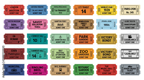 Collection of Vintage Event Tickets and Admission Stubs on White Background