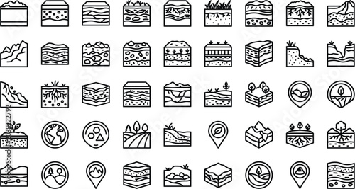 Fotografía Soil Horizons and Geological Stratum Cross Section Line Icon Set with Ground Lay