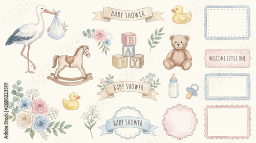 Konstfotografi Painted watercolor baby shower stork nursery floral pastel newborn celebration c