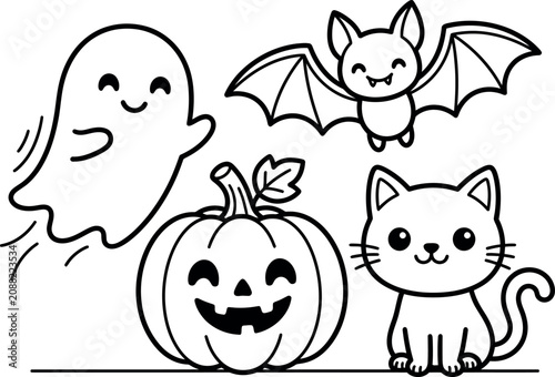 Halloween color page cute ghost pumpkin bat and black cat coloring sheet for kids