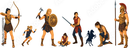 Tableau sur toile Ancient Female Warrior Character Set Featuring Amazon Archer Viking Shieldmaiden