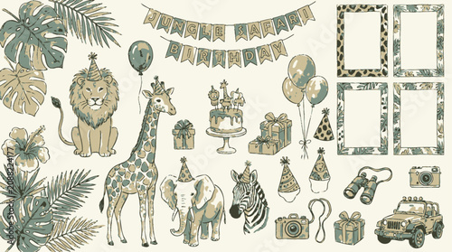 Photography Tropical Watercolor Safari Birthday Clipart Set Featuring Exotic Jungle Animals