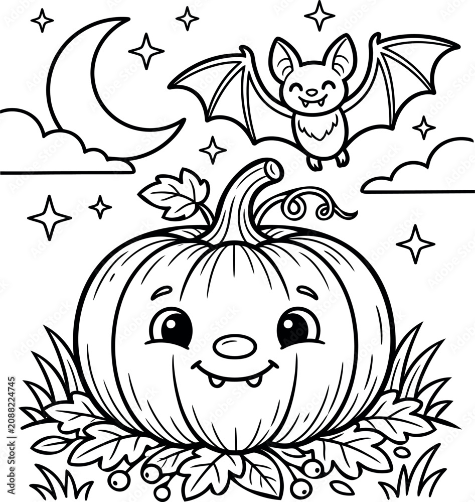 Obraz premium Halloween color page cute pumpkin bat crescent moon black and white illustration for kids