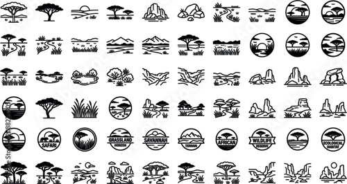 Tableau sur toile African Savannah and Grassland Landscape Line Icon Set with Acacia Trees Wildern