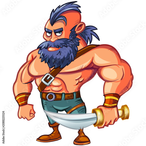 Bearded Muscular Warrior Cartoon Character Holding Curved Sword - Rugged Fantasy Fighter Illustration