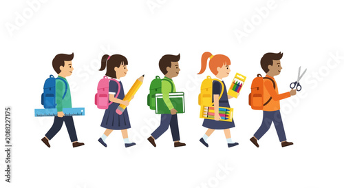 Diverse Kids Walking with School Supplies, Ready for Education