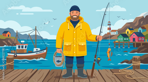 Foto A happy fisherman stands on a pier in a quaint coastal village with his fresh catch