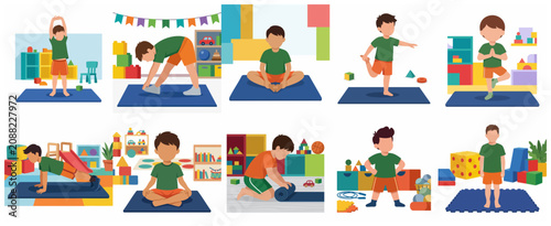 Cuadro en lienzo Set of illustrations featuring a young boy practicing various yoga poses, meditation, and stretching exercises in a nursery or playroom environment