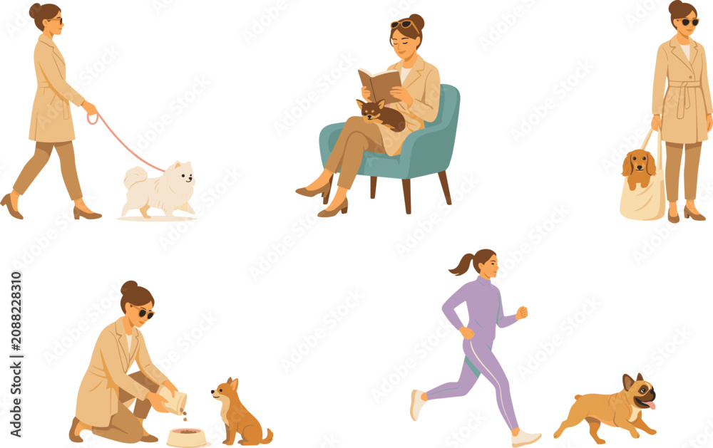 Naklejka premium Woman Character Daily Routine with Small Dogs Set Featuring Walking Reading Jogging and Feeding Her Domestic Pets for Lifestyle and Veterinary Vector Designs