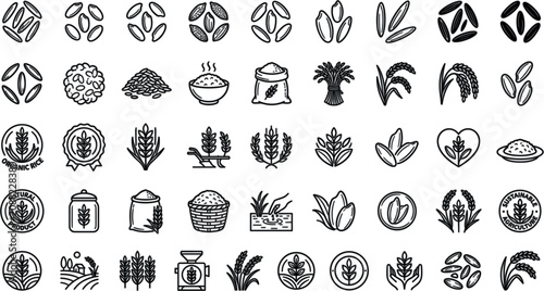 Foto Organic Rice and Agriculture Grain Line Icon Set with Paddy Fields Milling Sheav