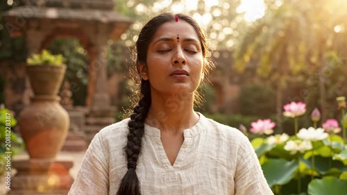 Peaceful indian woman meditating in a golden temple garden with lotus flowers, cinematic portrait style.