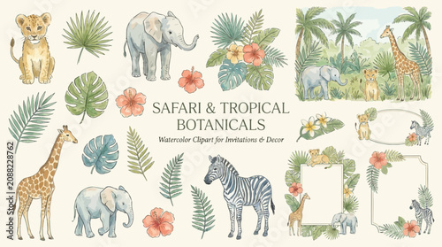 Canvas Print Hand-painted Watercolor Safari Animals and Tropical Botanicals Clipart Collection featuring Cute Jungle Creatures for Nursery Decor, Baby Showers, and Nature-themed Graphic Design Illustrations
