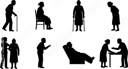 Obraz na płótnie Collection of elderly people silhouettes senior healthcare nursing home and old