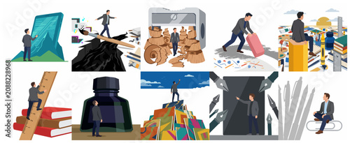 Set of Business Concept Illustrations with Businessman and Giant Creative Stationery Tools Representing Career Growth, Strategy, and Innovation