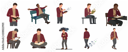Set of flat vector characters showing men reading books and writing in journals in various poses and states of mind.