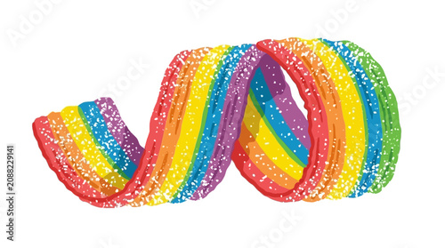 Colorful rainbow sour strip icon depicting chewy jelly candy sprinkled with fine powdered sugar and sweet fruit marmalade, delicious gourmet confectionery gummy dessert treat illustration.